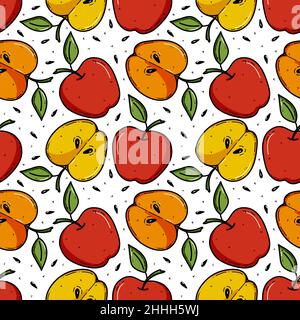 Apple background, seamless pattern vector illustration. Good for textile, wrapping, wallpapers, etc. Sweet red and yellow apples isolated on white background. Stock Vector