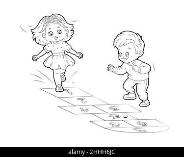 Coloring book girl and boy are jumping while playing hopscotch. Vector illustration in cartoon style, black and white lines Stock Vector