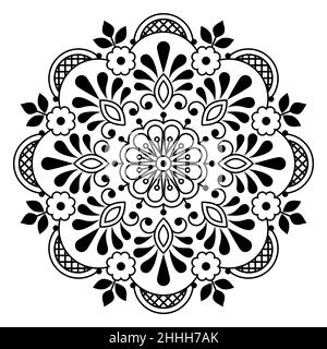 Folk art Scandinavian vector mandala design with flowers, greeting card or wedding invitation floral pattern inspired by and old lace and embroidery o Stock Vector