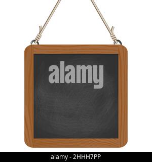 blank black board with wooden frame hanging on ropes Stock Vector