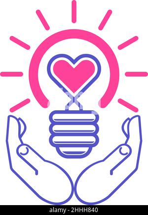 Hands make heart form icon. Love idea light electric bulb sun in couple hands. Vector on transparent background Stock Vector