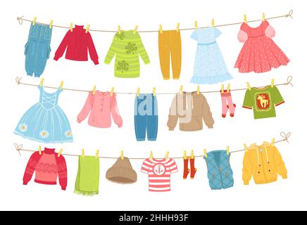 Baby clothes ropes. Washed garment hanging on cords and dries. Boyish and girly things on clothesline with clothespins. Dresses and trousers. Socks Stock Vector