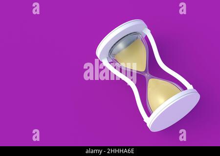 Sandglass on purple background. Vintage items. Countdown time. Historical dimension. Deadline measurement. Copy space. 3d render Stock Photo