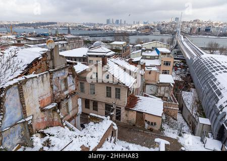 City and people views from Istanbul after heavy snowfall at the weekend in Suleymaniye district of Istanbul, Turkey on January 24, 2022. Stock Photo