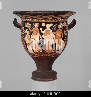 Terracotta bell-krater (mixing bowl) ca. 350–325 B.C. Attributed to the Painter of New York GR 1000 Obverse, two Oscan warriors and two womenReverse, three youthsLike the skyphos nearby (91.1.444), this piece represents Cumaean Campanian vase-painting. The articulation of the figures, their drapery, and their attributes are colorful and slightly awkward.. Terracotta bell-krater (mixing bowl)  246554 Stock Photo