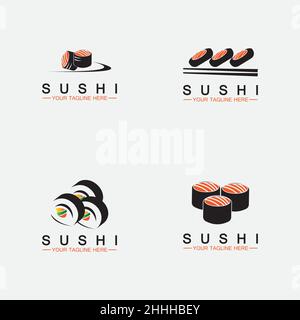 Set Sushi logo template.Vector Icon Style Illustration Bar or Shop, Sushi,Salmon Roll,Sushi and rolls with chopstick bar or restaurant vector logo tem Stock Vector