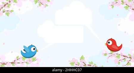 eps vector file with red and blue colored birds in love, sitting on branches with blossoms and green leaves in spring time, talking with speech bubble Stock Vector