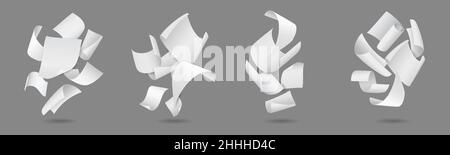 Falling paper. Realistic flying sheets chaotic compositions. Curled notepaper. Blank pages swirls. Curve 3D objects. Isolated twisted documents and Stock Vector
