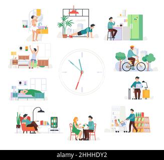 Daily life, everyday routine scenes of young man set Stock Vector Image ...
