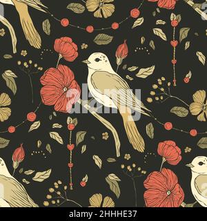 Vintage bird boho rose poppy floral seamless pattern Stock Vector Image ...