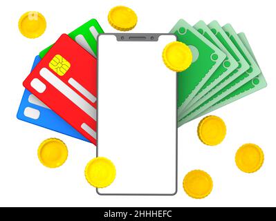 Money and smartphone. One smartphone with lots of golden coins, banknotes, credit cards isolated on white background. 3D illustration Stock Photo