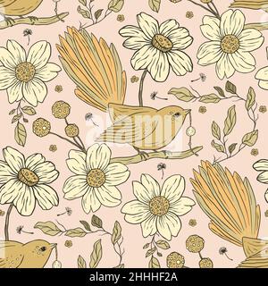 Vintage aesthetic bird boho floral seamless pattern with daisy flower Stock Vector