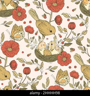 Vintage aesthetic bird boho floral seamless pattern with flower and nest Stock Vector