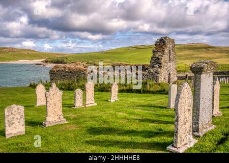 The ruins of St Olaf's church at Lunda Wick on Unst, Shetland.