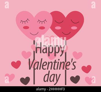 Love greeting card Happy Valentines Day. Two hearts on a stick with eyes and cheeks are shy and in love on a pink background. Vector. Stock Vector