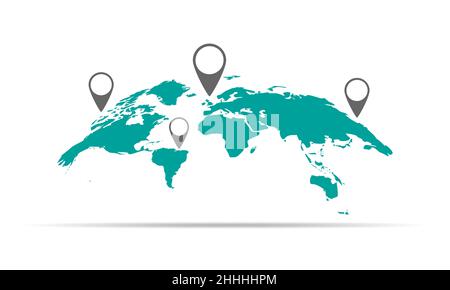 World Map isolated. Vector illustration. Flat World Map with markers on white background. Stock Vector
