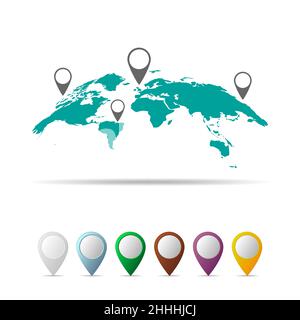 Abstract World Map isolated. Vector illustration. Flat World Map and set of map markers Stock Vector