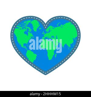 Heart icon with world map in flat design. Vector illustration. Colored heart sign and Globe Earth, isolated Stock Vector