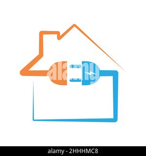 The outline of the house with socket and plug. Vector illustration. Colored house icon, isolated on white background. Stock Vector