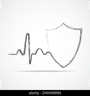 Hand-drawn shield icon with heartbeat sign, isolated. Vector illustration. Concept of cardiology protection Stock Vector