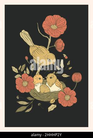 Vintage bird nest with rose poppy flowers printable poster Stock Vector ...