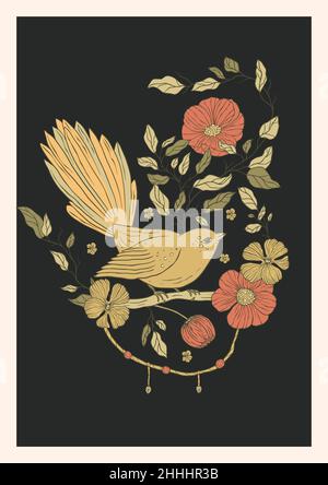 Vintage bird and rose poppy flowers printable poster Stock Vector Image ...