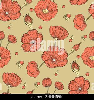 Vintage rose floral boho seamless pattern. Ornate red poppy garden art Stock Vector