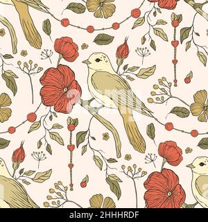 Vintage aesthetic bird boho floral seamless pattern with rose flower Stock Vector