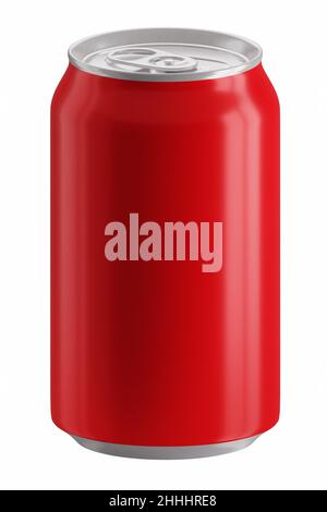 Red full metal aluminum 330ml beverage can isolated on white background. Mock up template for your design. 3D rendering. Stock Photo