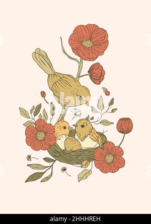 Vintage bird nest with rose poppy flowers printable poster Stock Vector ...