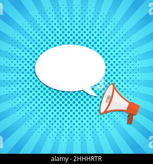 Loudspeaker or megaphone icon. Red megaphone with blank speech bubble, on blue background. Vector illustration. Stock Vector