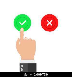 Hand finger pressing buttons no or yes. Vector illustration. Concept of the right choice and a wrong decision. Stock Vector