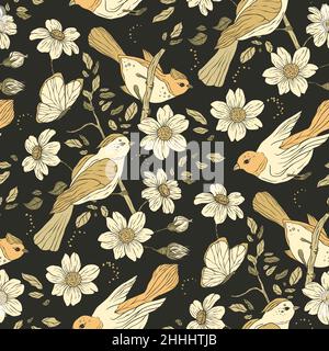 Vintage bird and butterfly boho floral seamless pattern with daisy flower Stock Vector