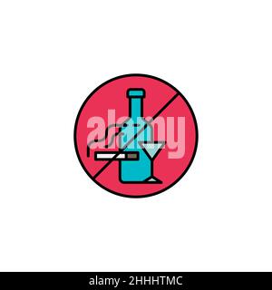 Do not smoking and drink line, glyph, filed, color icon. linear style sign for mobile concept and web design. No alcohol and cigarettes vector icon. H Stock Vector