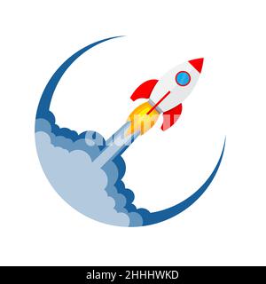 Start up of the space rocket. Rocket ship in flat design. Vector illustration. Concept of business launch. Stock Vector