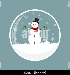Merry christmas glass ball with snowman. Christmas snow globe with snowman on blue background. Vector illustration. Stock Vector