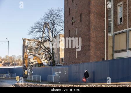 demolition work being carried out on old council buildings Stock Photo
