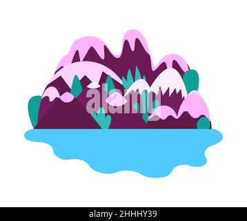 Cartoon evening landscape vector landscape with mountains, hills, sky and moon.Rest in a mountains the lake and the river concept. Stock Vector