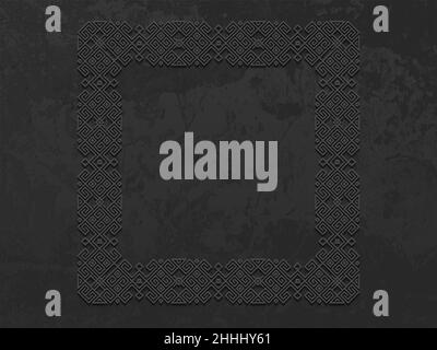 Vector grunge rough dark metal background with scandinavian pattern. Iron material brutal ethnic geometric pattern in norwegian style. Slavic pagan Stock Vector