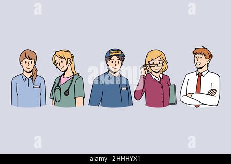 Various professions and specialisation concept. Group of young people working as manager doctor deliveryman teacher and businessman vector illustration Stock Vector