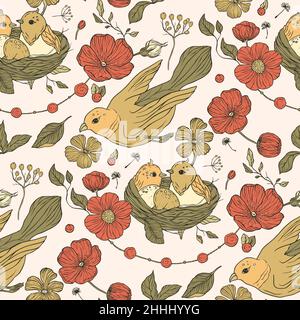 Vintage aesthetic bird nest boho floral seamless pattern with rose flower Stock Vector
