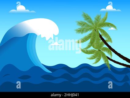 graphics design drawing ocean wave, coconut tree vector illustration Stock Vector