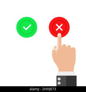 Hand finger pressing buttons no or yes. Vector illustration. Concept of the right choice and a wrong decision. Stock Vector