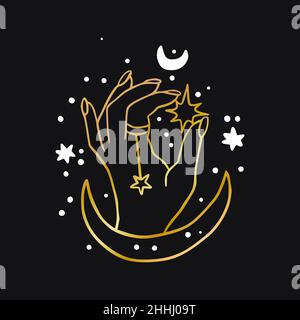 woman hand logo. Celestial magic golden icon. Magic mystic art with star and moon Stock Vector