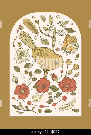 Vintage bird and butterfly boho rose poppy floral seamless pattern ...