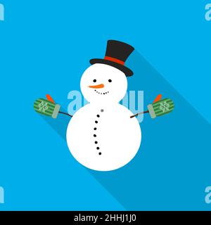 Snowman icon in flat design. Snowman with long shadow on blue background. Vector illustration. Stock Vector