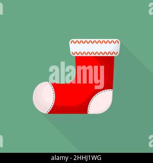 Red christmas felt boot with long shadow, on green background. Vector illustration. Christmas boot in flat design. Stock Vector