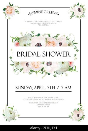 Bridal shower vector template Invitation card design with light pink garden rose flowers anemone flower ranunculus eucalyptus green leaf herb mix, tex Stock Vector