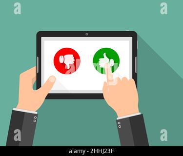Hand holding tablet with like and dislike buttons. Vector illustration. Concept of review or website rating feedback. Stock Vector