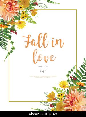 Vector floral design card. Dahlia primrose yellow sunflower flower peach orange garden green forest fern leaves Greeting invitation wedding Rustic cut Stock Vector